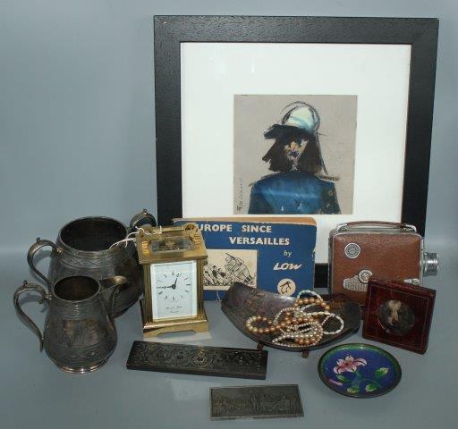 Bag of metalware, carriage clock & watercolour etc.